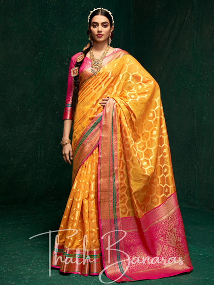 Sunny Mustard Yellow Designer Traditional Cotton Silk Broad Border Saree