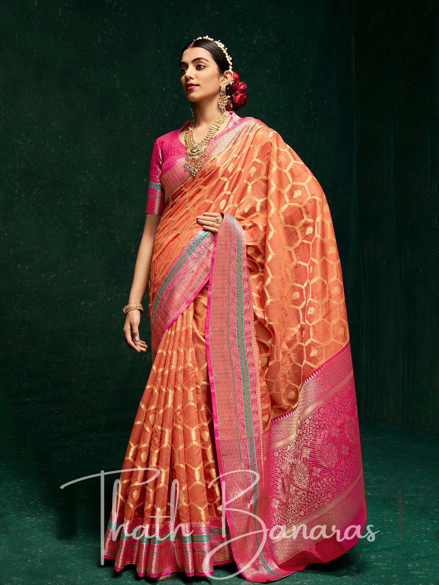 Pastel Orange Designer Traditional Cotton Silk Broad Border Saree