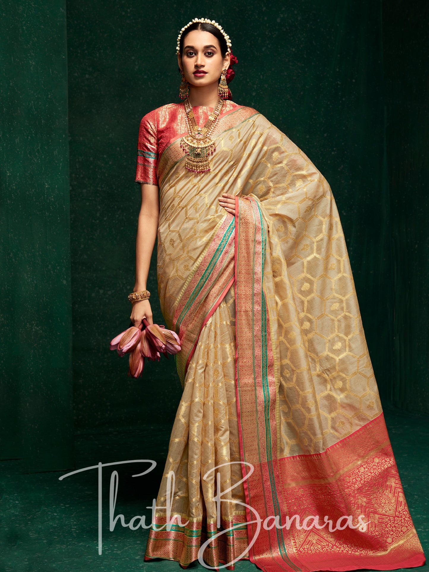 Cream And Gold Designer Traditional Cotton Silk Broad Border Saree