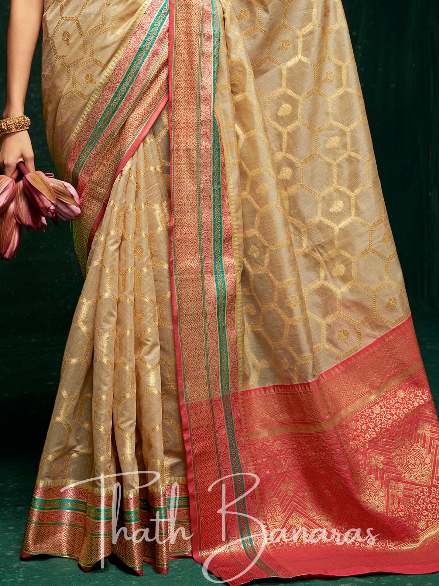 Cream And Gold Designer Traditional Cotton Silk Broad Border Saree