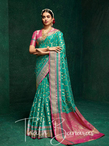 Teal Green And Hot Pink Designer Traditional Cotton Silk Broad Border Saree