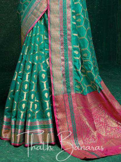 Teal Green And Hot Pink Designer Traditional Cotton Silk Broad Border Saree