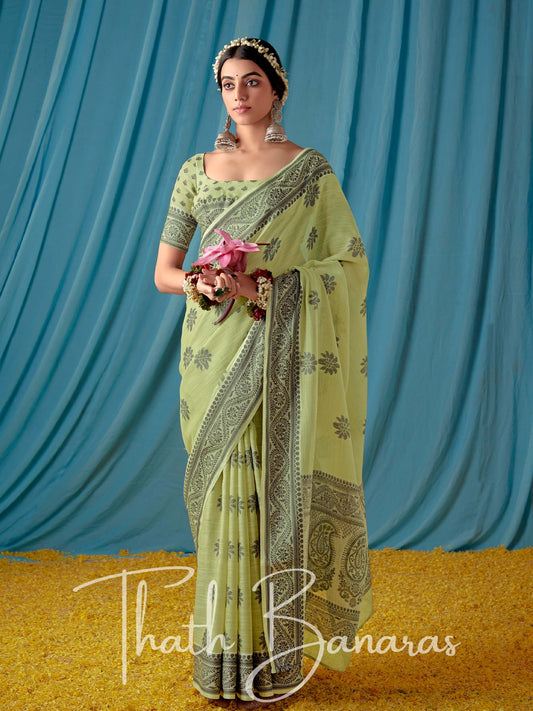 Barley Corn Green Beautiful Traditional Wear Lucknowi Linen