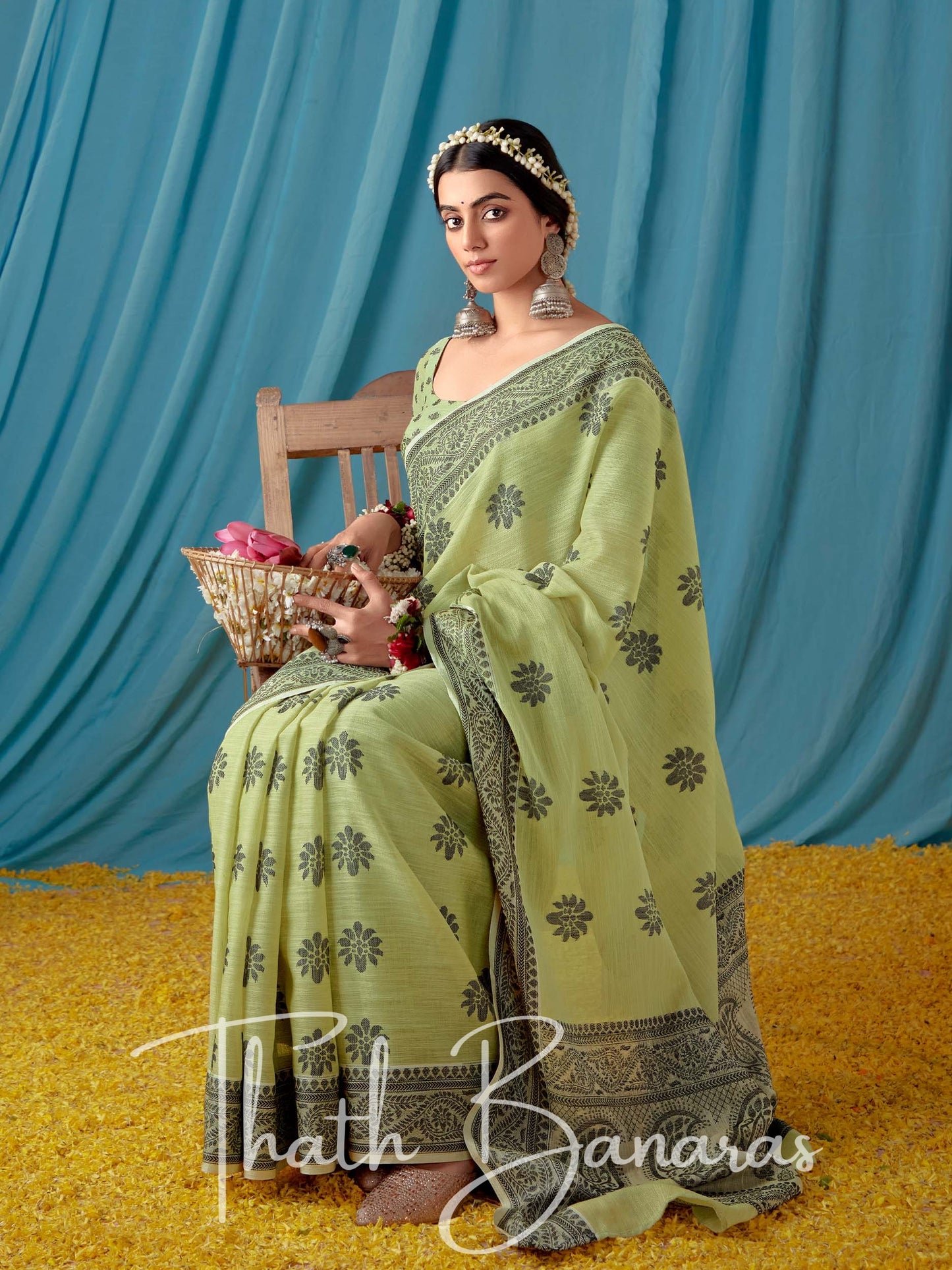 Barley Corn Green Beautiful Traditional Wear Lucknowi Linen