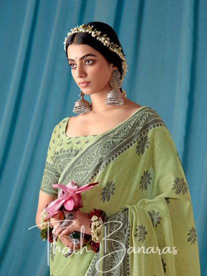 Barley Corn Green Beautiful Traditional Wear Lucknowi Linen