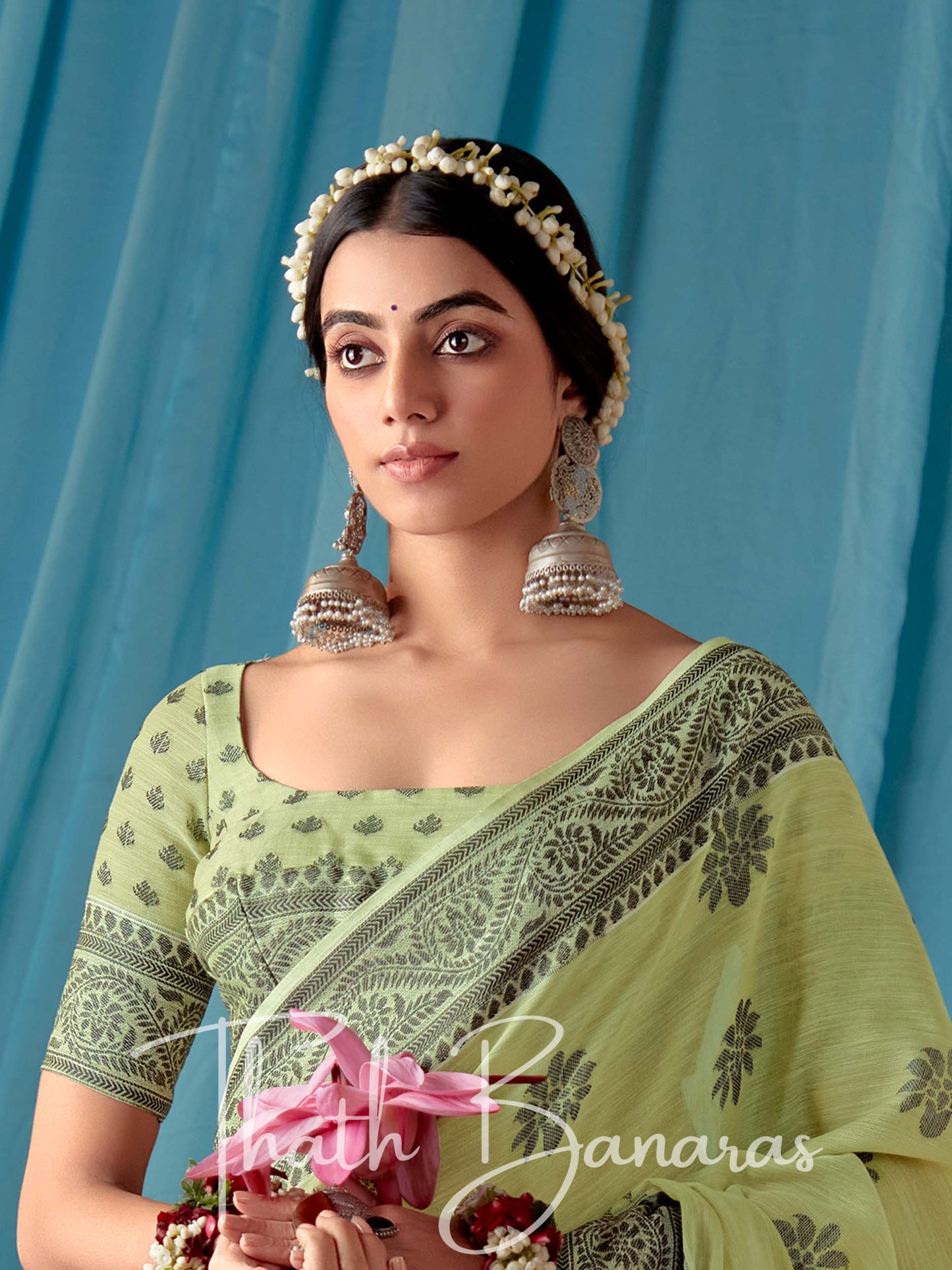 Barley Corn Green Beautiful Traditional Wear Lucknowi Linen