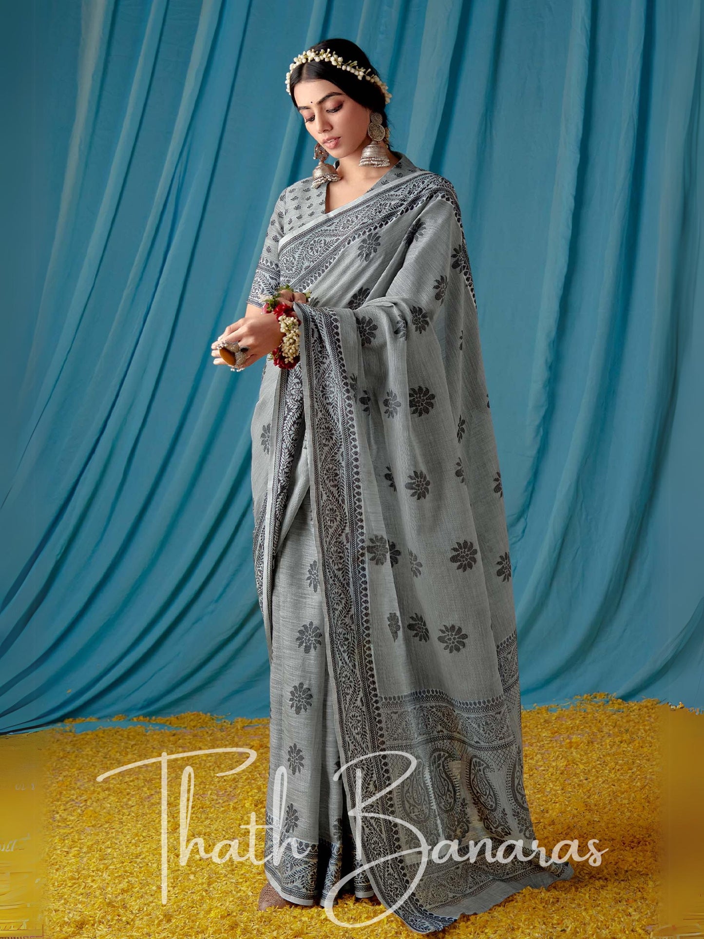 Elora Grey Beautiful Traditional Wear Lucknowi Linen