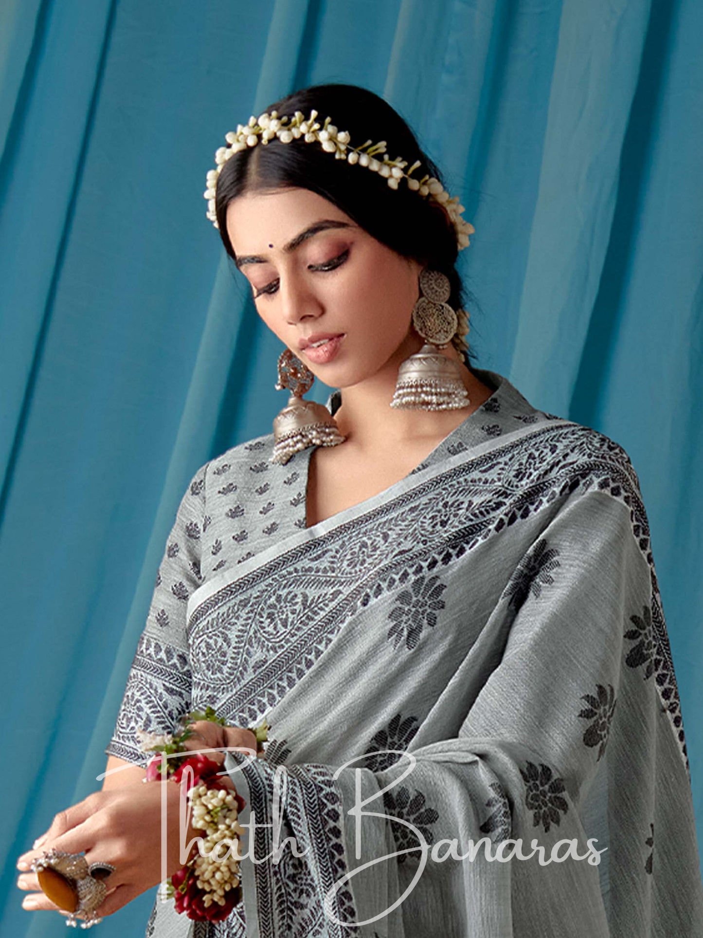 Elora Grey Beautiful Traditional Wear Lucknowi Linen