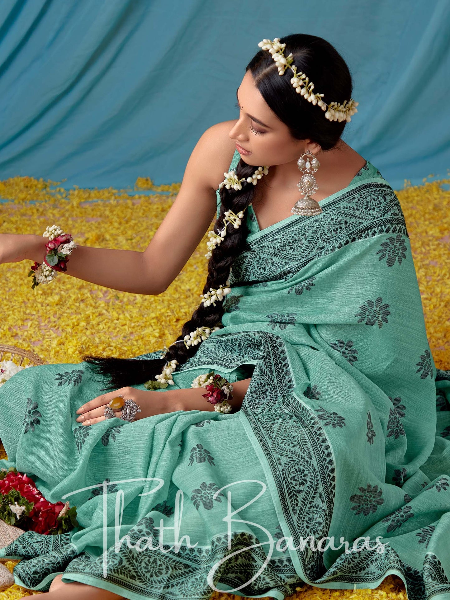 Light Teal Green Beautiful Traditional Wear Lucknowi Linen