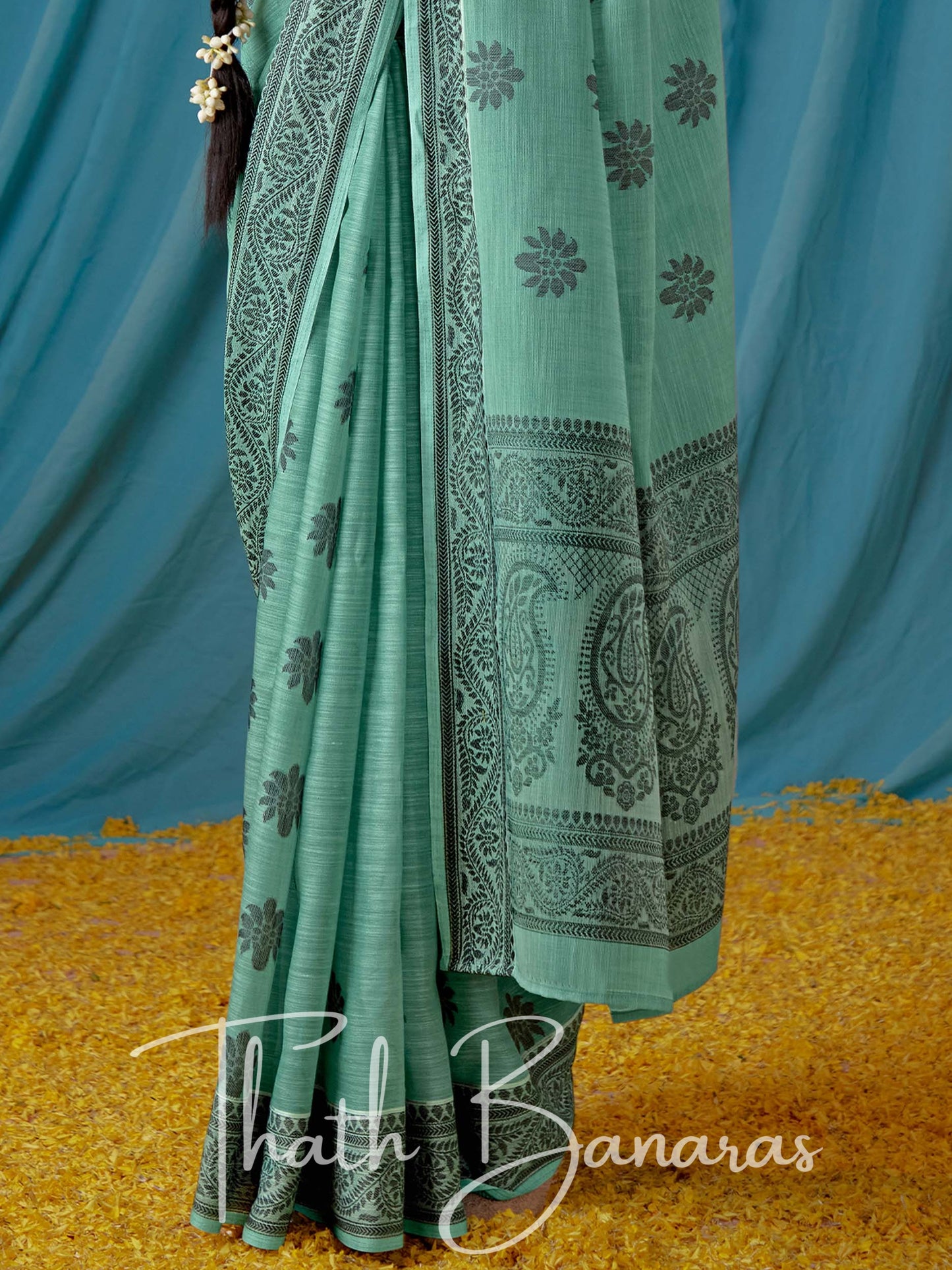 Light Teal Green Beautiful Traditional Wear Lucknowi Linen