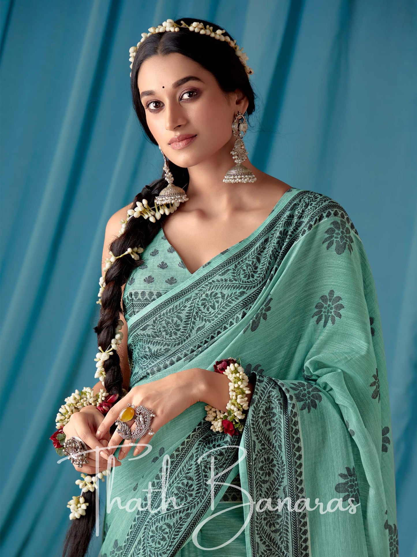 Light Teal Green Beautiful Traditional Wear Lucknowi Linen