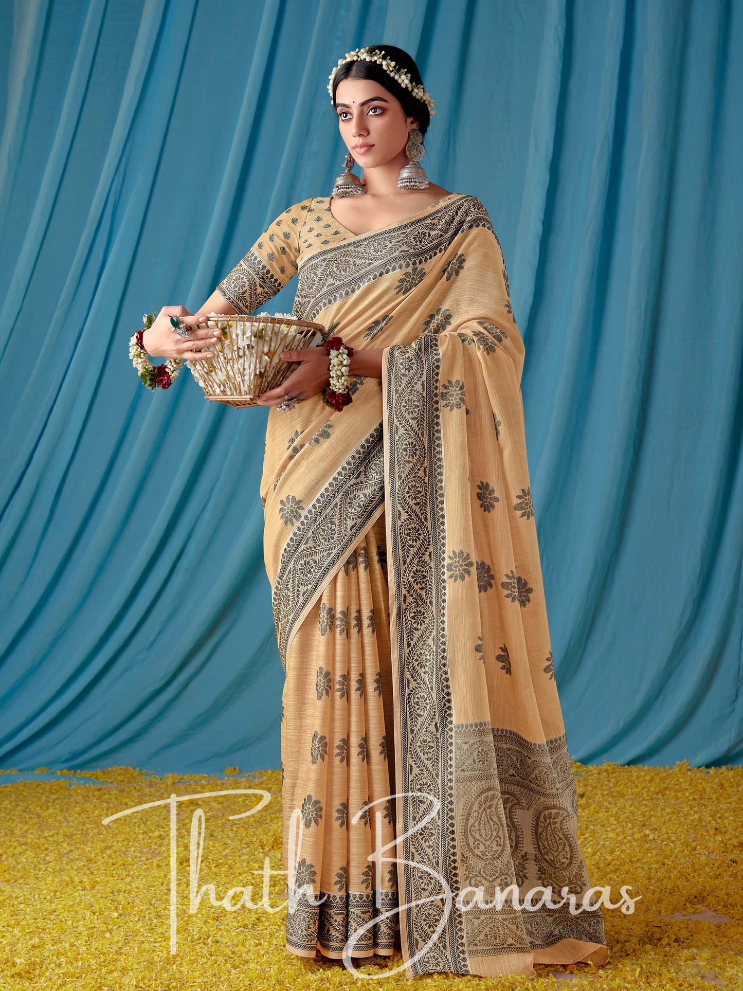 Almond Cream Beautiful Traditional Wear Lucknowi Linen