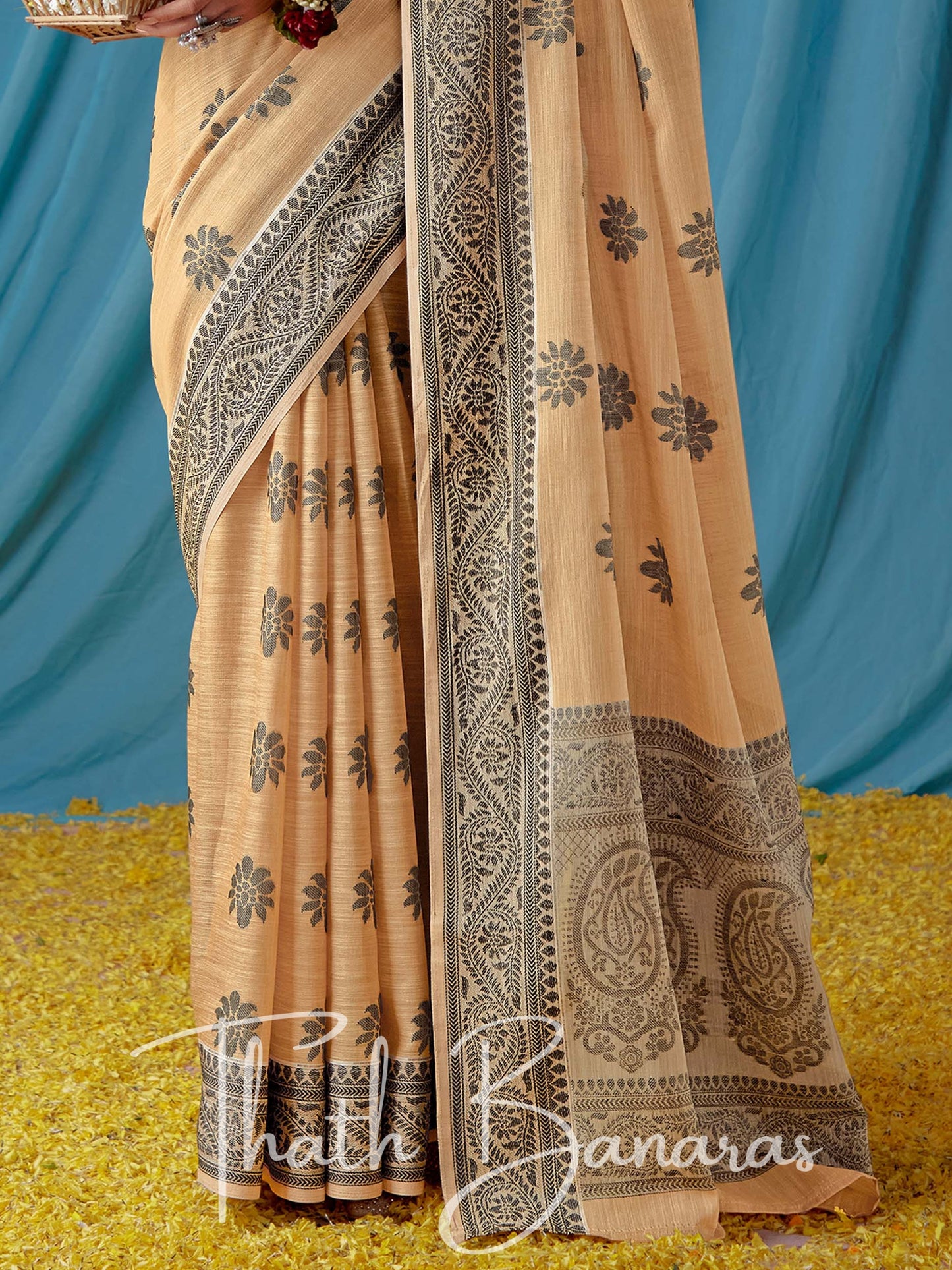 Almond Cream Beautiful Traditional Wear Lucknowi Linen