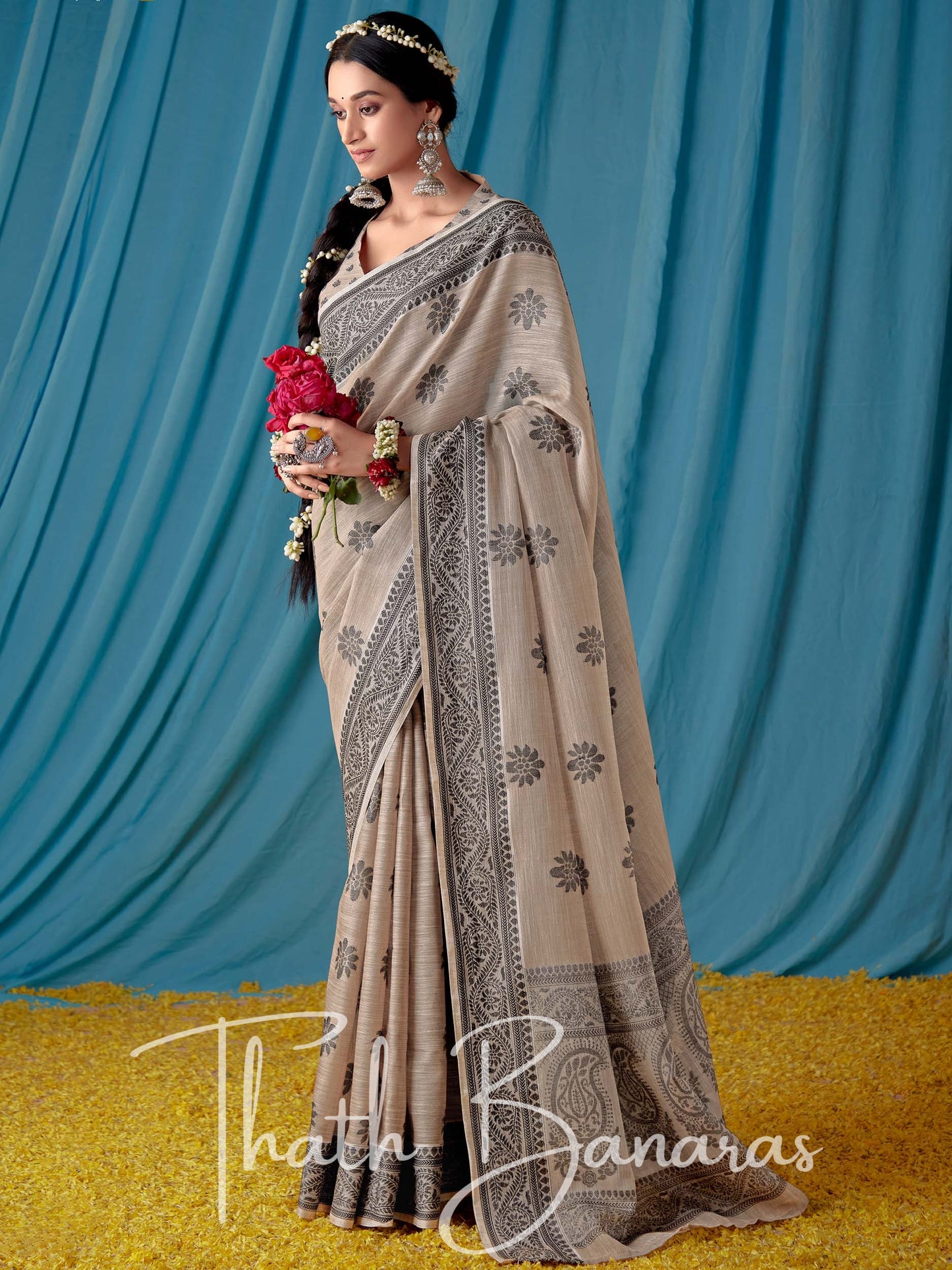 Powder Grey Beautiful Traditional Wear Lucknowi Linen