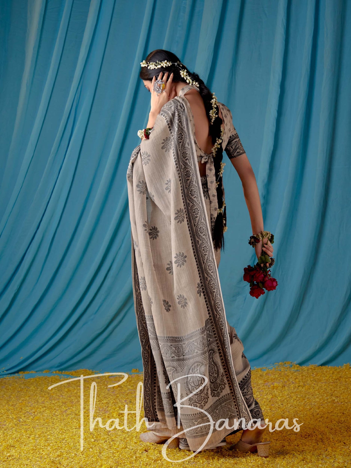 Powder Grey Beautiful Traditional Wear Lucknowi Linen