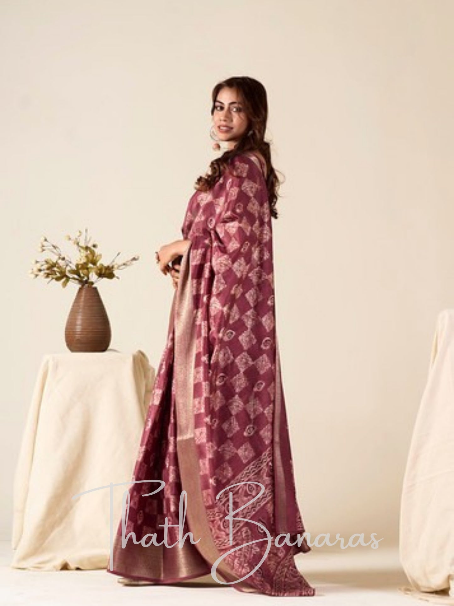 Wine Royale Mulmul Cotton Saree with Copper Zari Grandeur