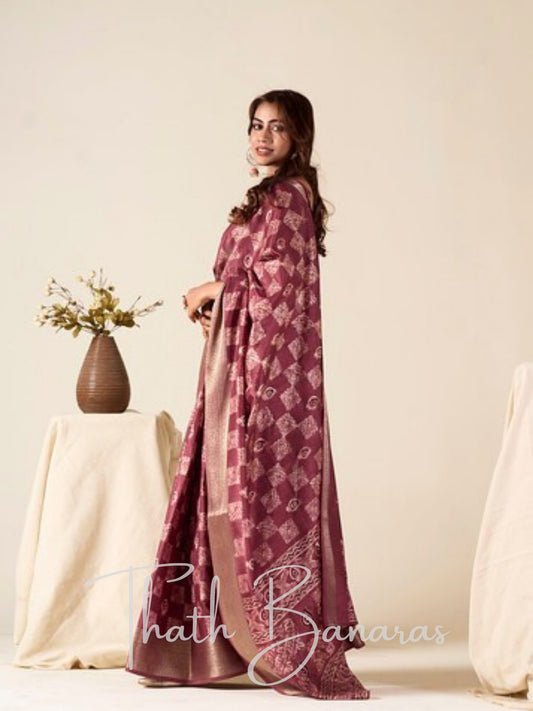 Wine Royale Mulmul Cotton Saree with Copper Zari Grandeur