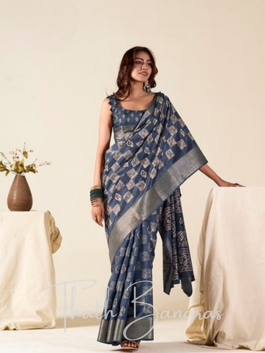 Deep Navy MulMul Cotton Saree with Silver Zari Shimmer