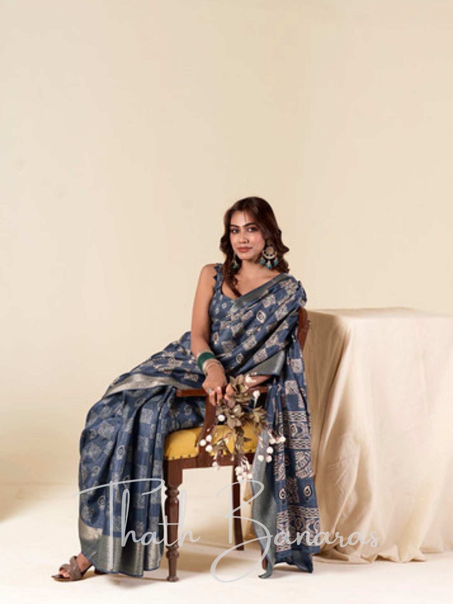 Deep Navy MulMul Cotton Saree with Silver Zari Shimmer