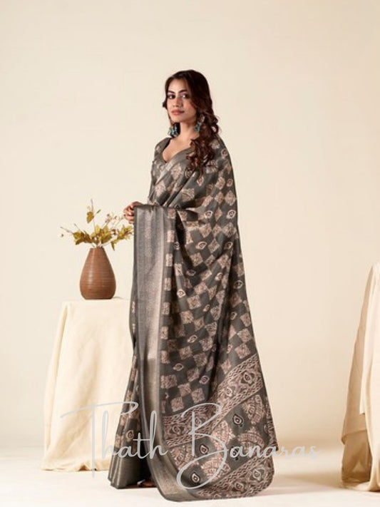 Smoky Grey MulMul Saree with Rose-Gold Zari Embellishment