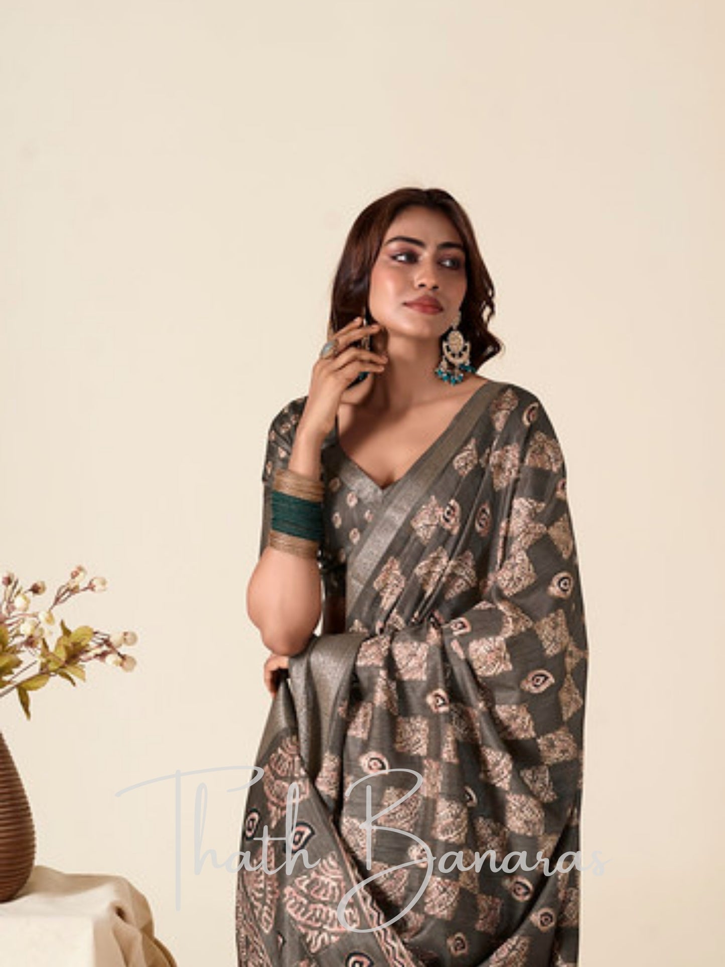 Smoky Grey MulMul Saree with Rose-Gold Zari Embellishment