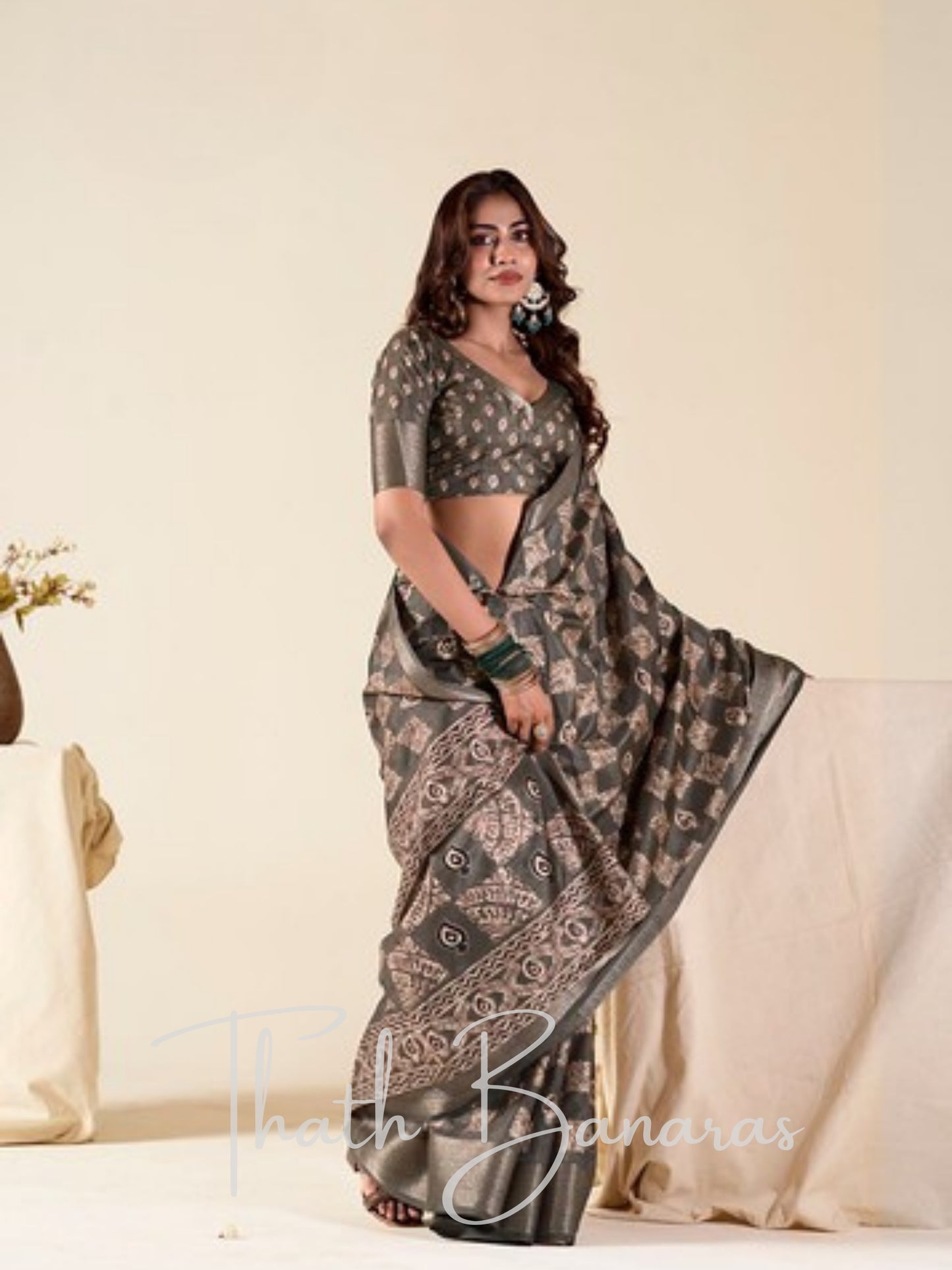 Smoky Grey MulMul Saree with Rose-Gold Zari Embellishment