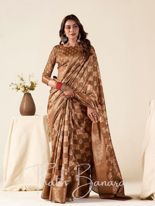 Traditional Brown MulMul Cotton Saree with Royal Zari Highlights
