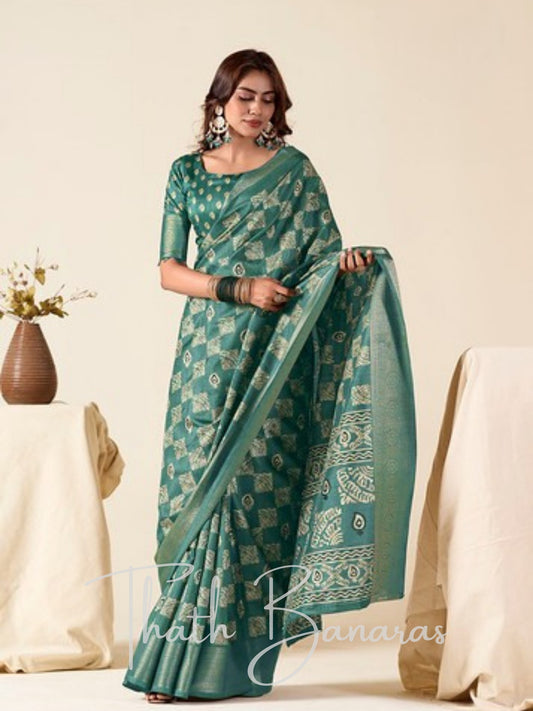 Greenish Blue Teal MulMul Cotton Saree with Glorious Zari Work