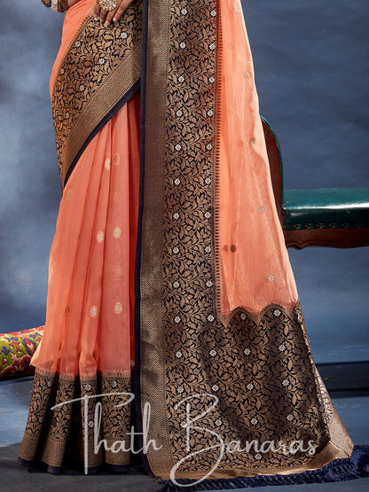 Majestic Orange Banarasi Organza Silk With Contrast Blouse And Pallu