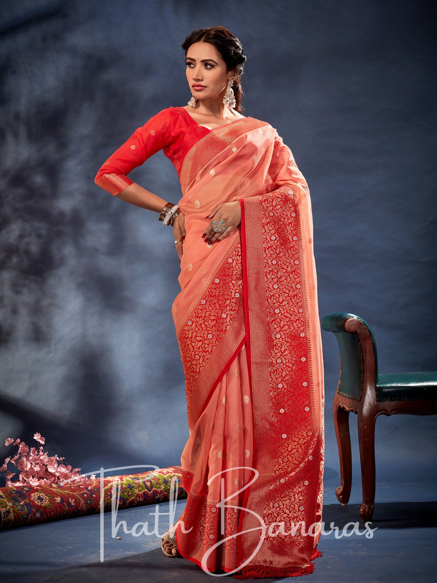 Coral Peach Banarasi Organza Silk With Contrast Blouse And Pallu