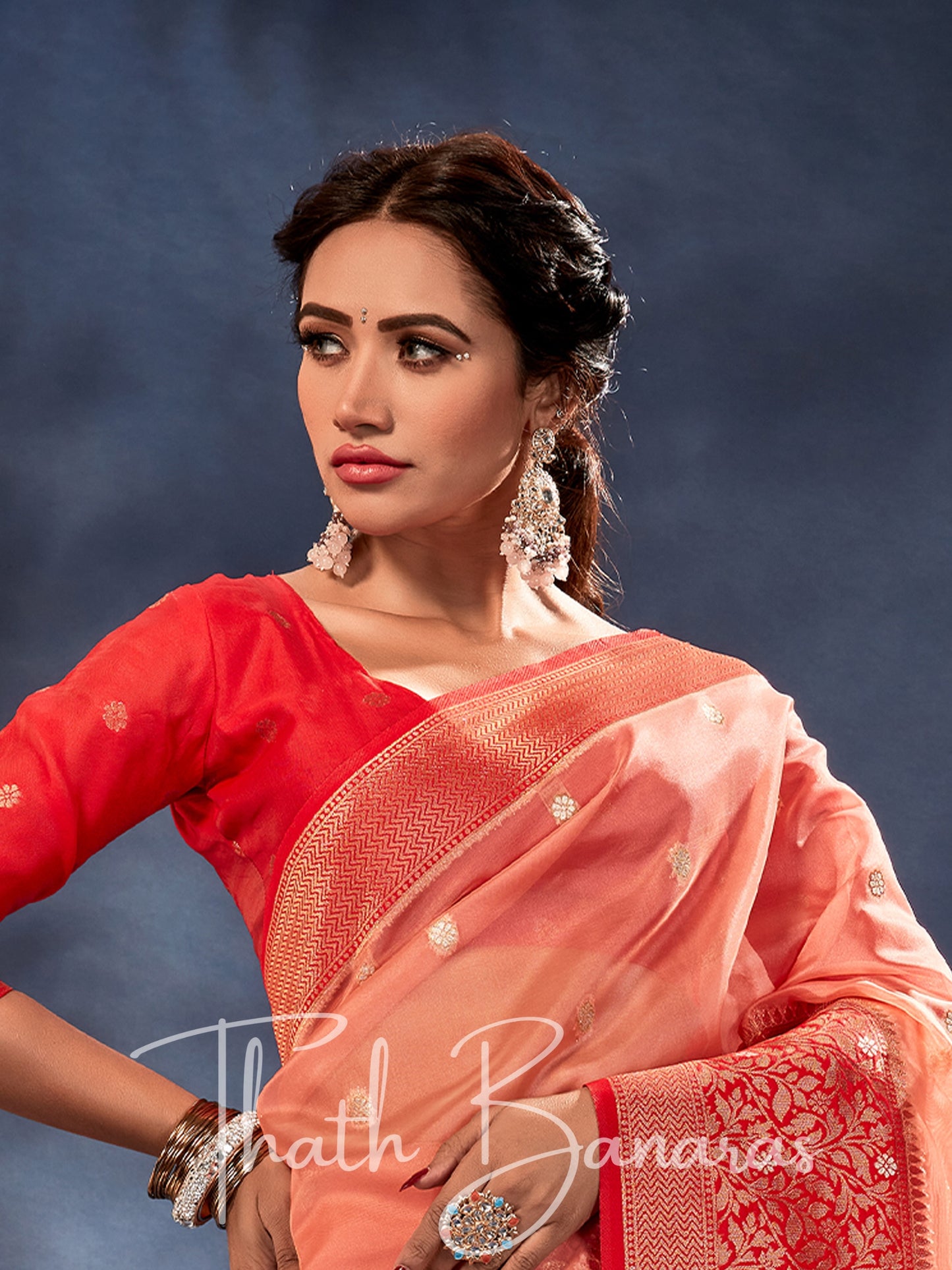 Coral Peach Banarasi Organza Silk With Contrast Blouse And Pallu