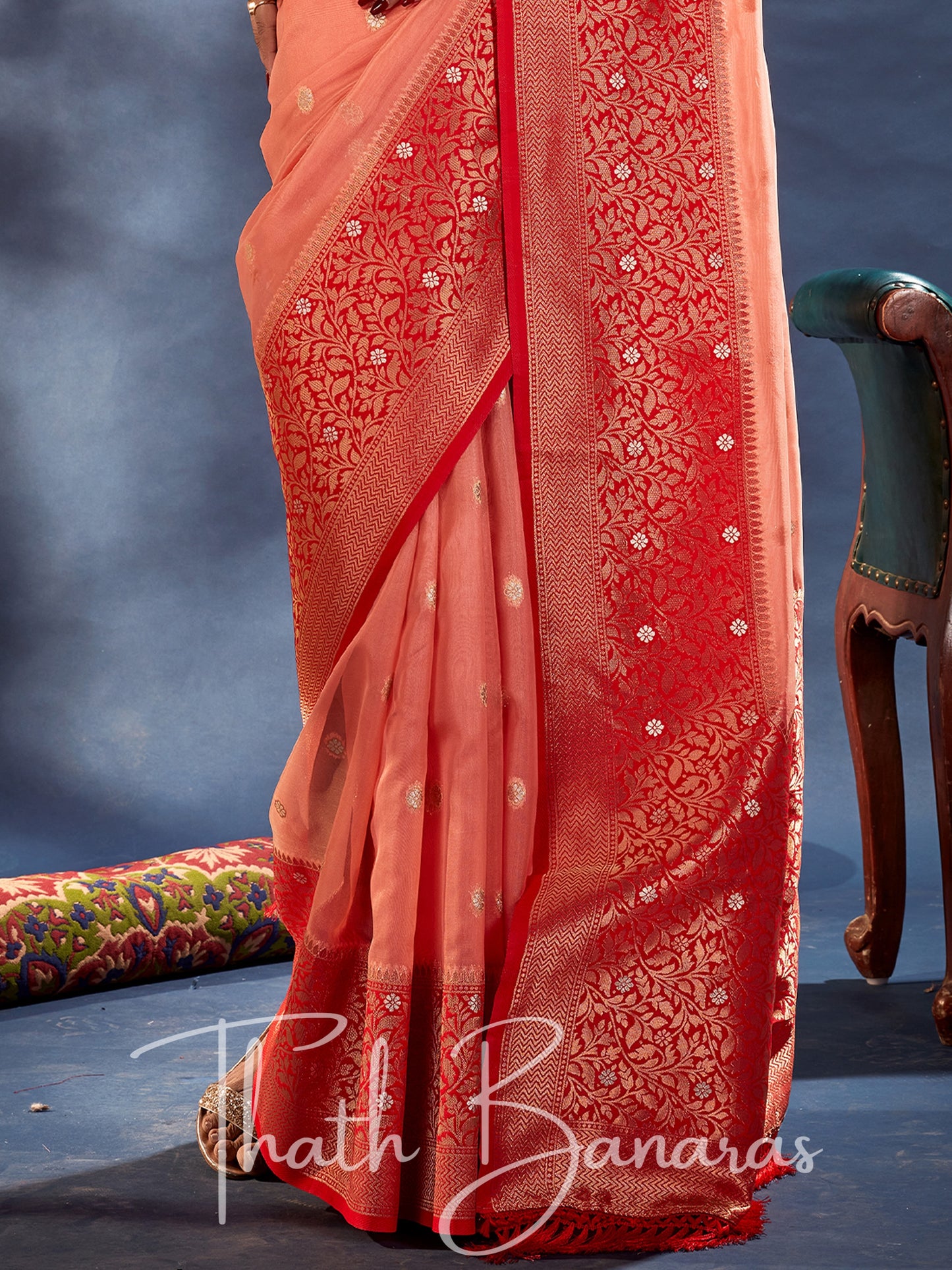 Coral Peach Banarasi Organza Silk With Contrast Blouse And Pallu