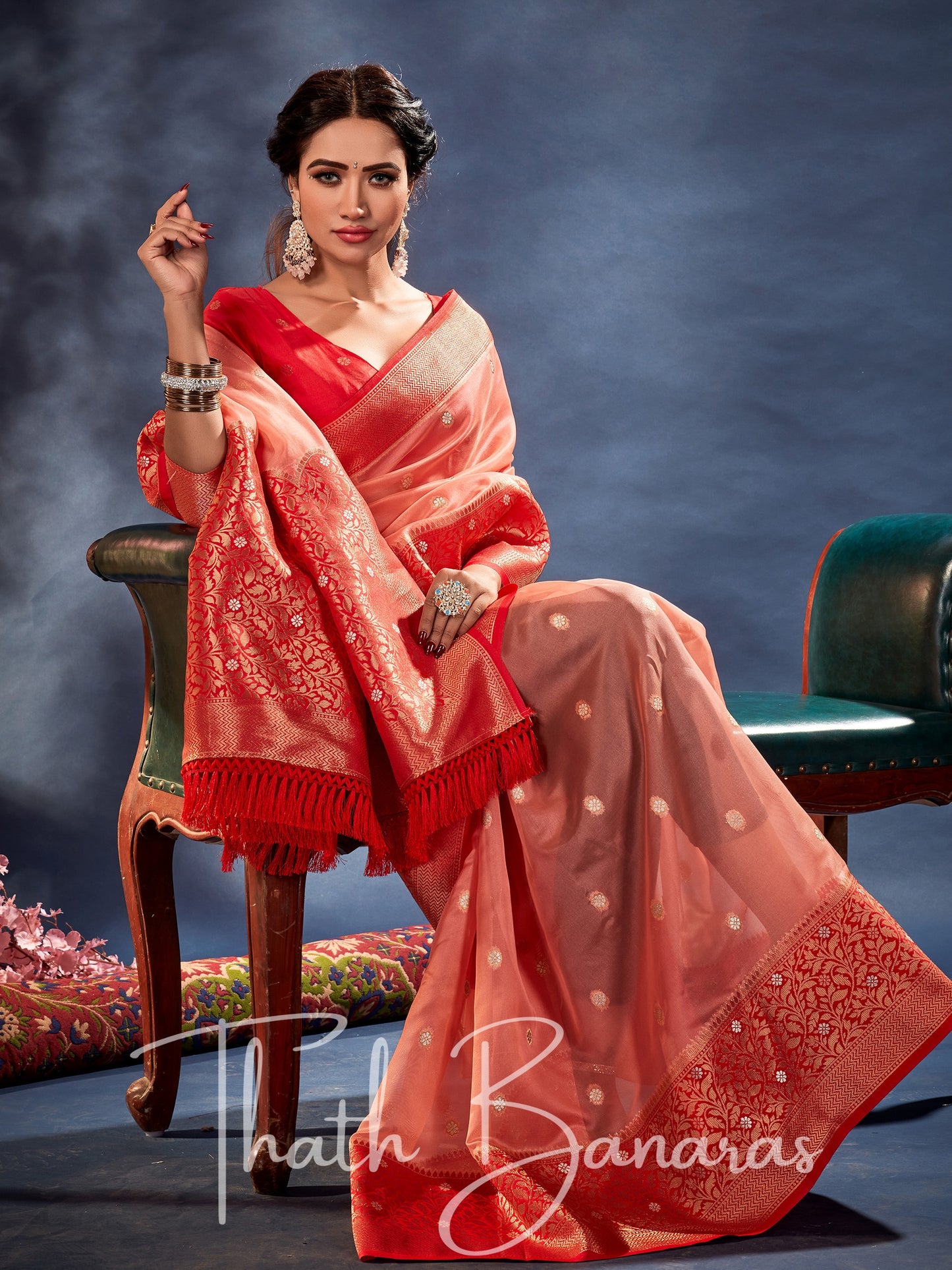 Coral Peach Banarasi Organza Silk With Contrast Blouse And Pallu