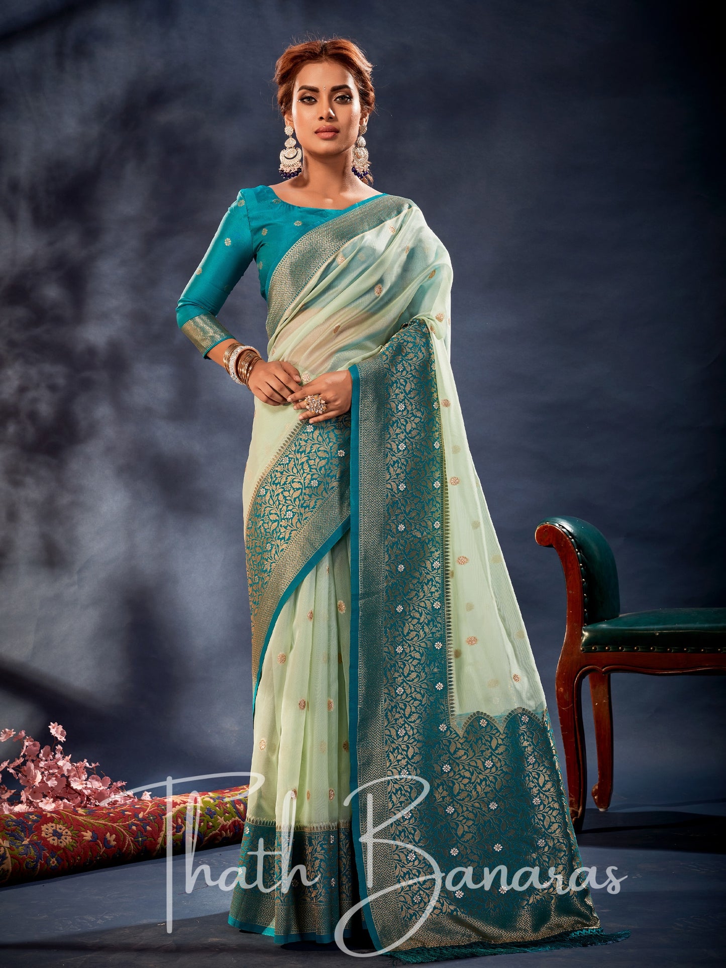 Ice Blue Banarasi Organza Silk With Contrast Blouse And Pallu