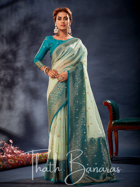 Ice Blue Banarasi Organza Silk With Contrast Blouse And Pallu