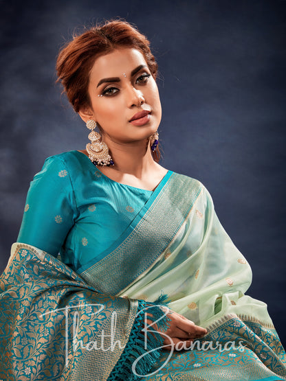 Ice Blue Banarasi Organza Silk With Contrast Blouse And Pallu