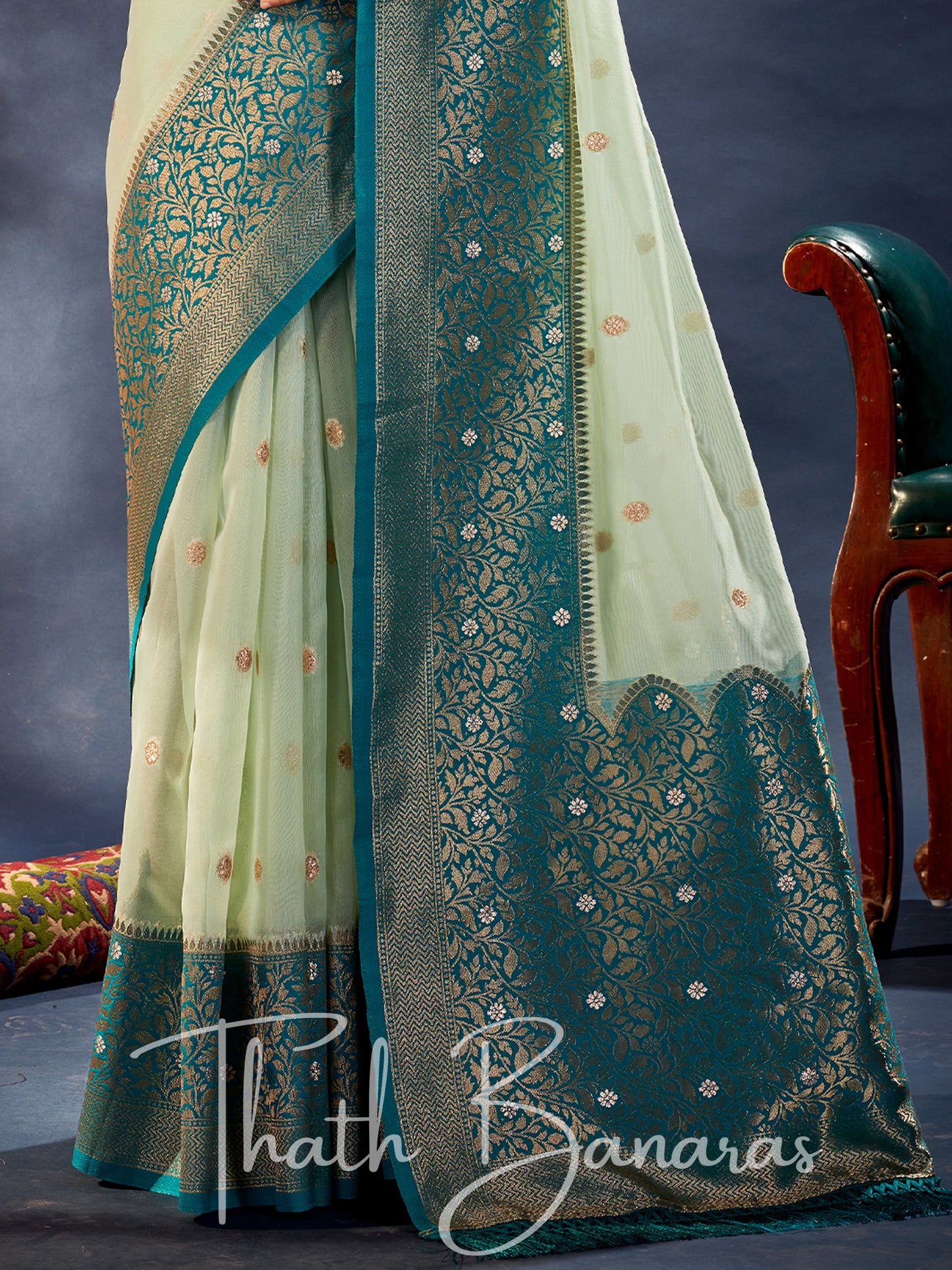 Ice Blue Banarasi Organza Silk With Contrast Blouse And Pallu