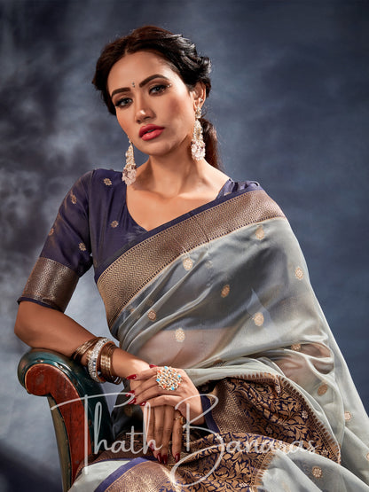 Steel Grey Banarasi Organza Silk With Contrast Blouse And Pallu