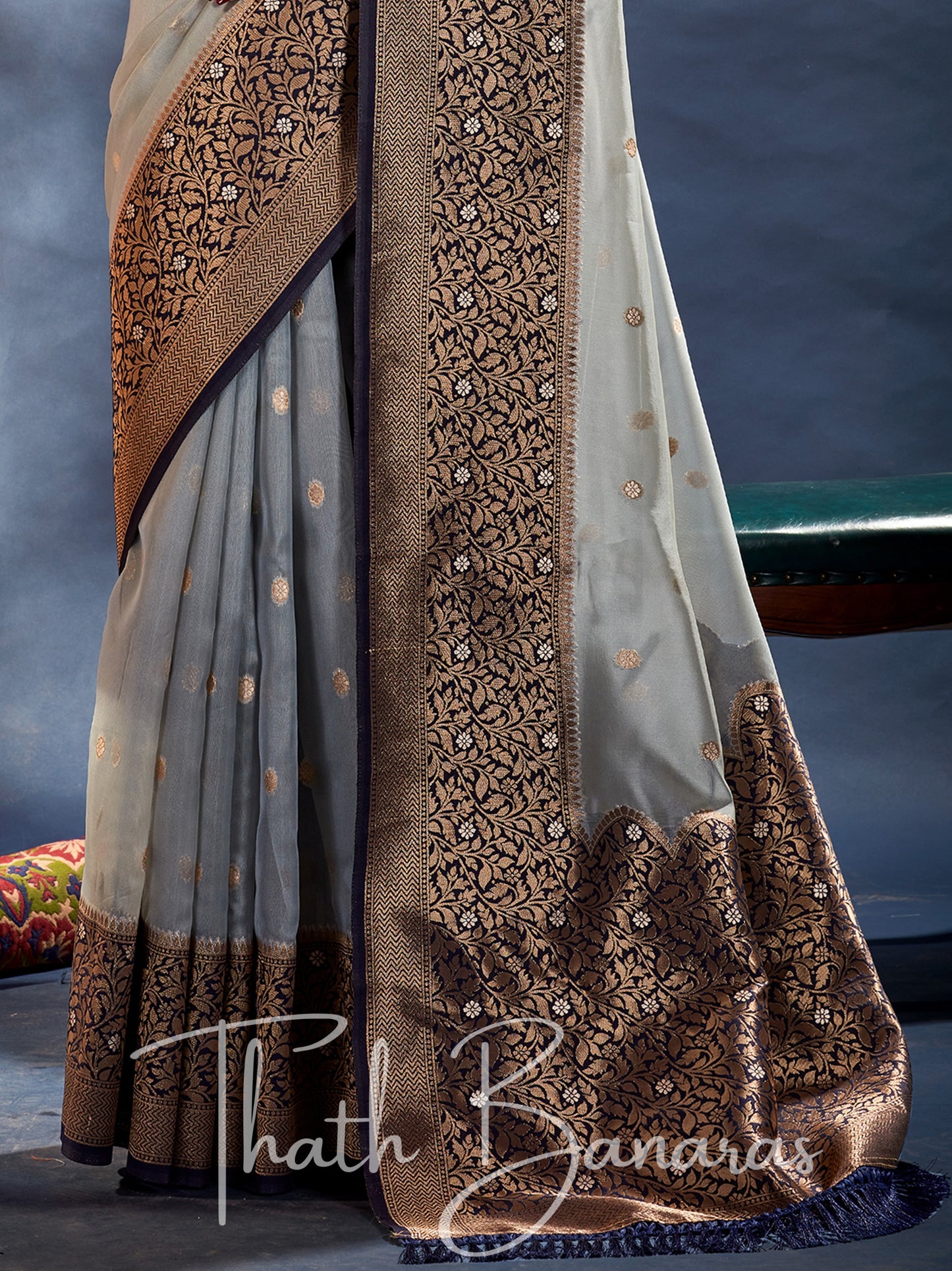 Steel Grey Banarasi Organza Silk With Contrast Blouse And Pallu