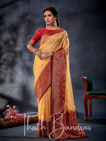 Sunshine Yellow Banarasi Organza Silk With Contrast Blouse And Pallu