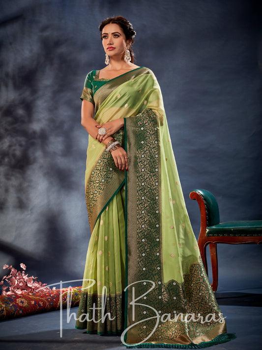 Kelly Green Banarasi Organza Silk With Contrast Blouse And Pallu