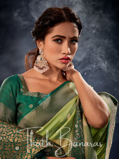 Kelly Green Banarasi Organza Silk With Contrast Blouse And Pallu