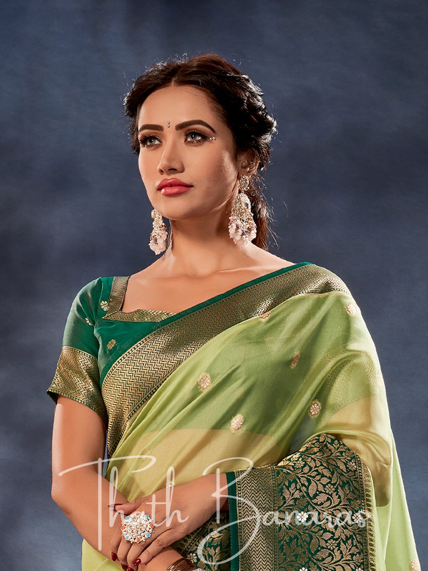 Kelly Green Banarasi Organza Silk With Contrast Blouse And Pallu