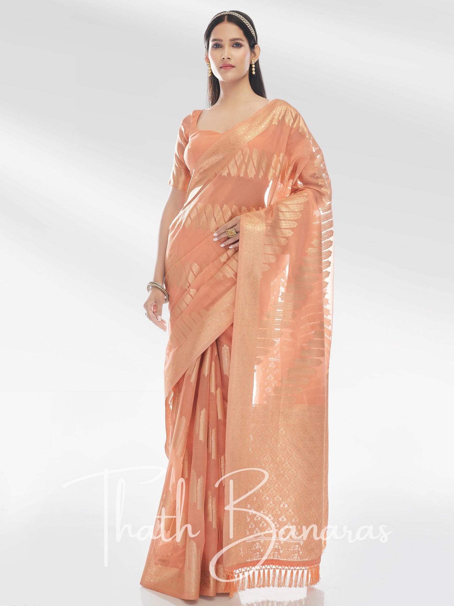 Peach Pure Organza with Banarasi Zari