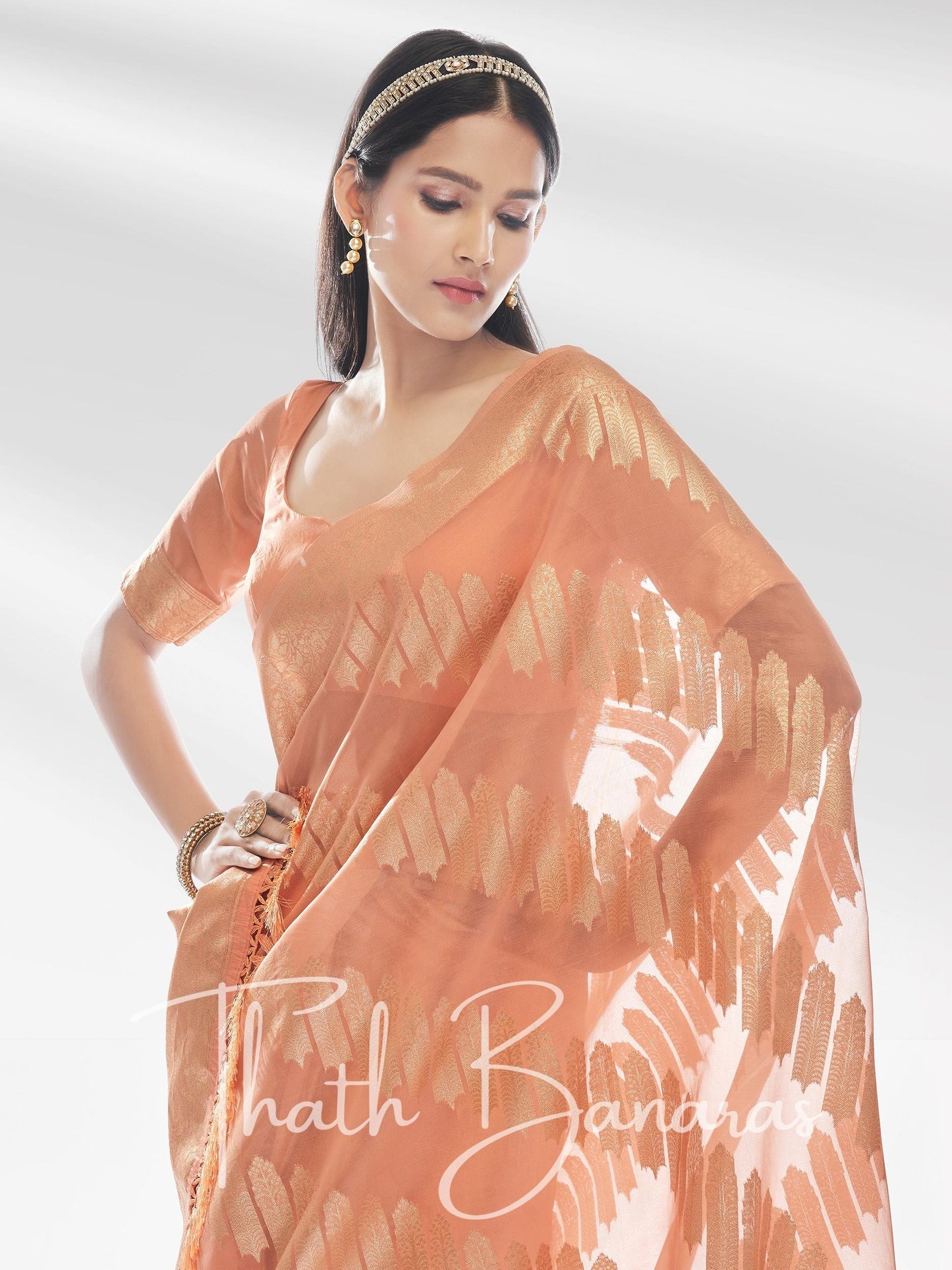 Peach Pure Organza with Banarasi Zari