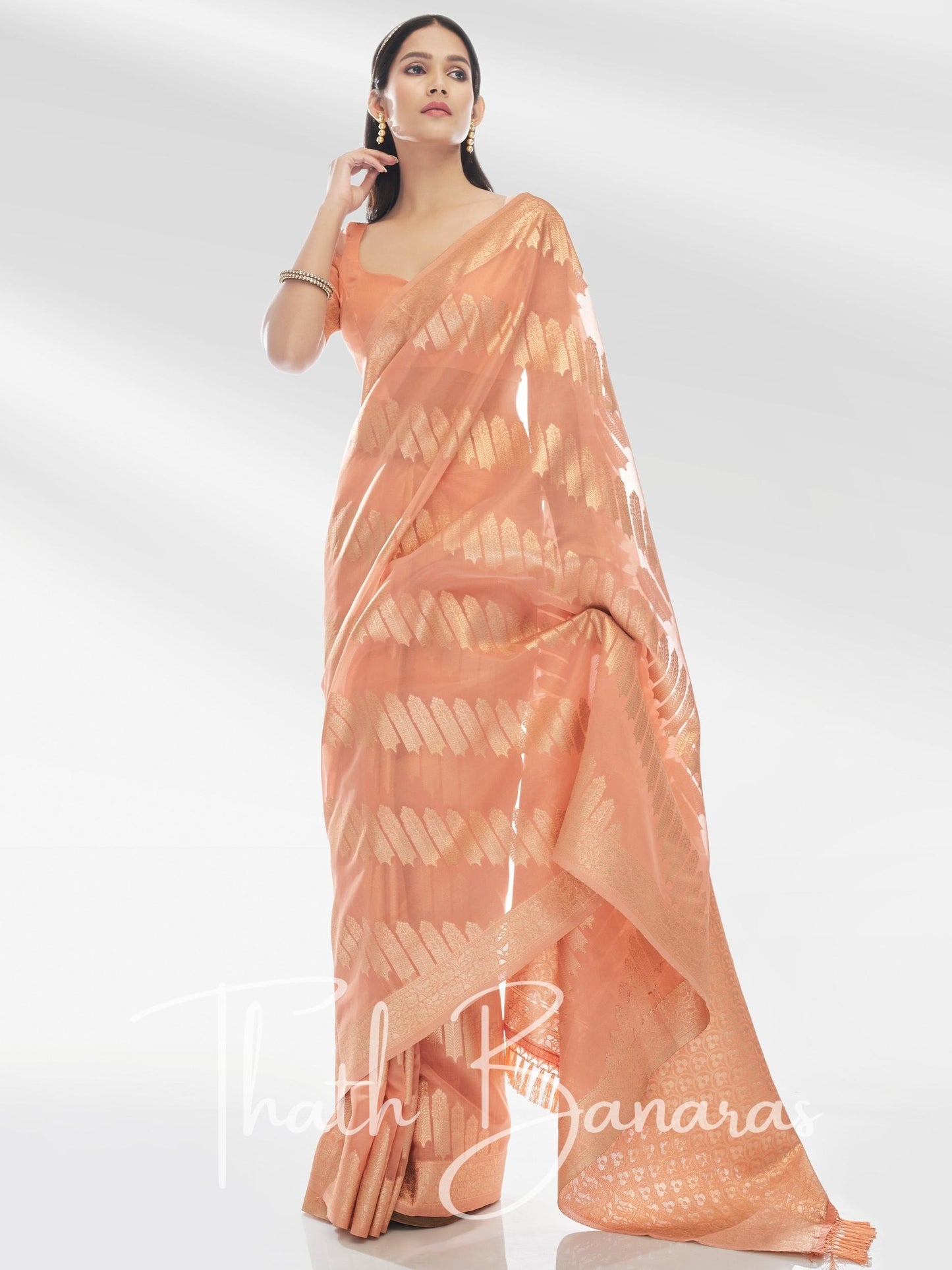 Peach Pure Organza with Banarasi Zari