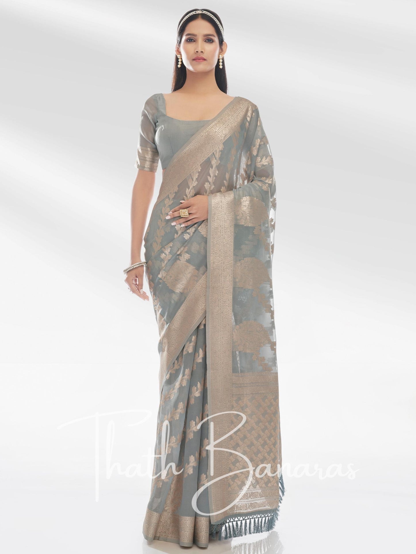 Grey Pure Organza with Banarasi Zari