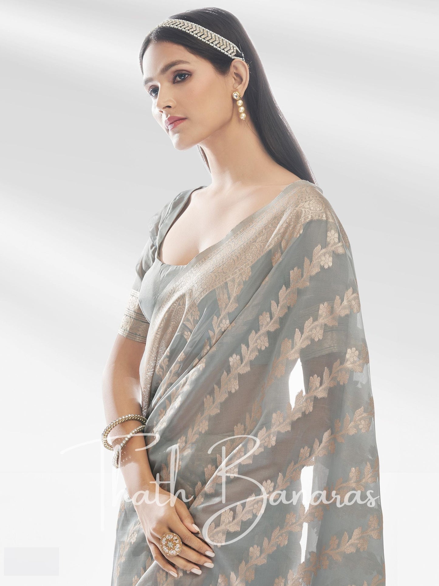 Grey Pure Organza with Banarasi Zari