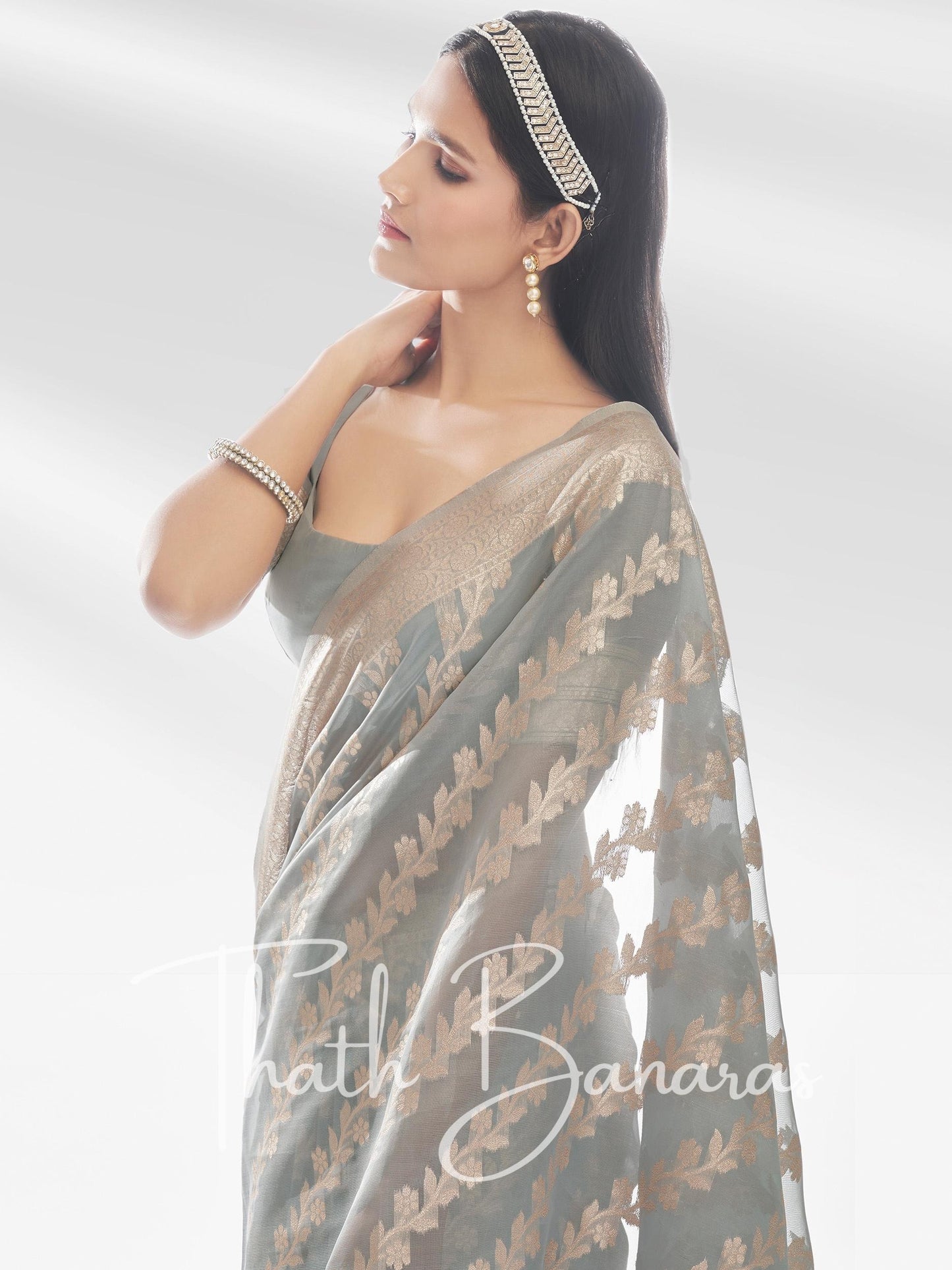 Grey Pure Organza with Banarasi Zari