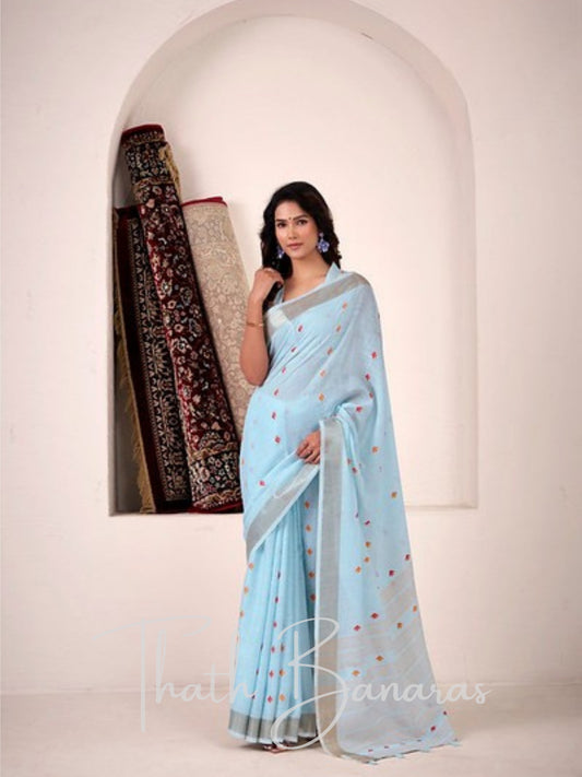 Turquoise Blue Woven Linen Saree